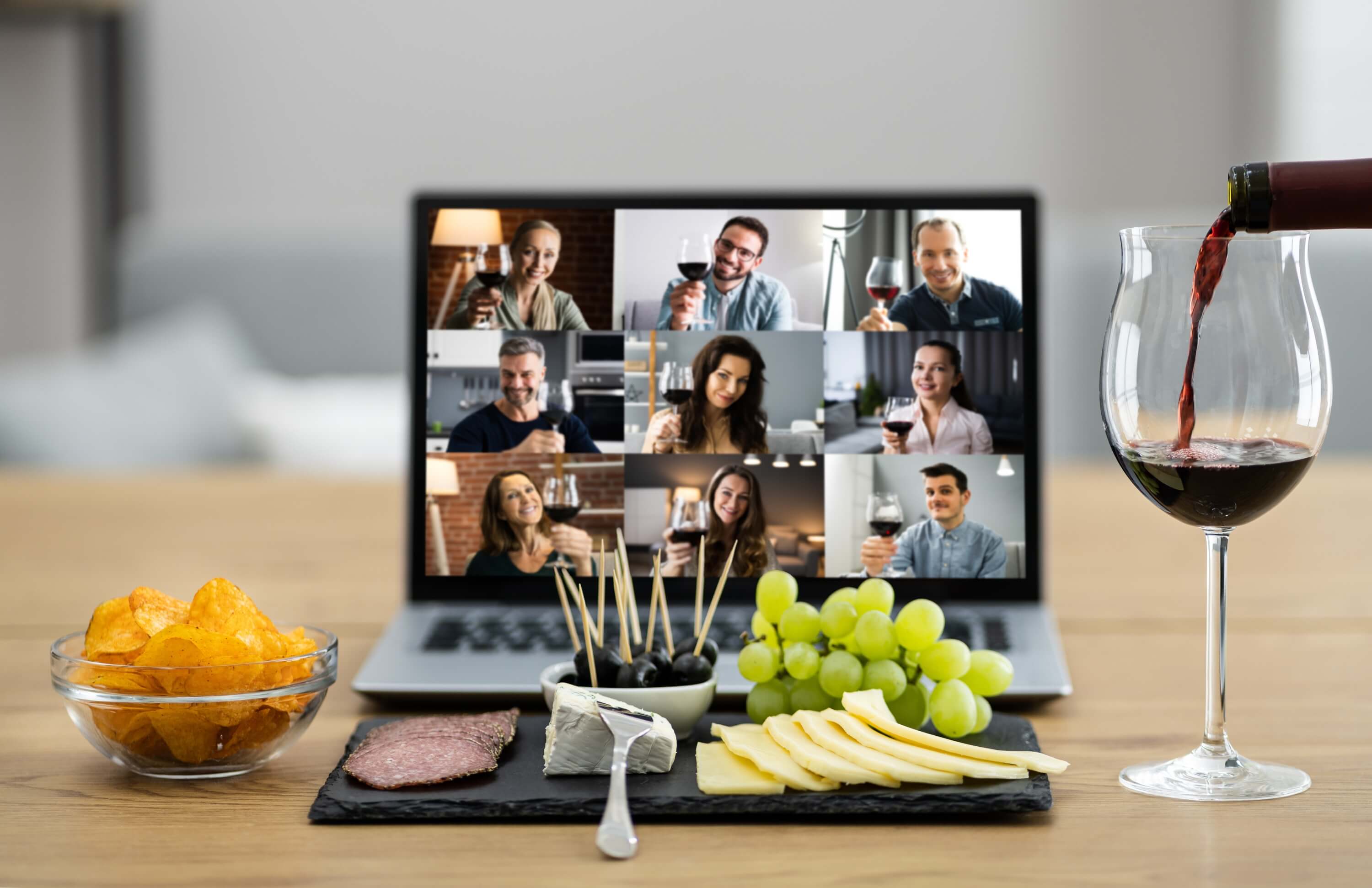 Virtual wine tasting event with a video call setup, showing exclusive event management tools.