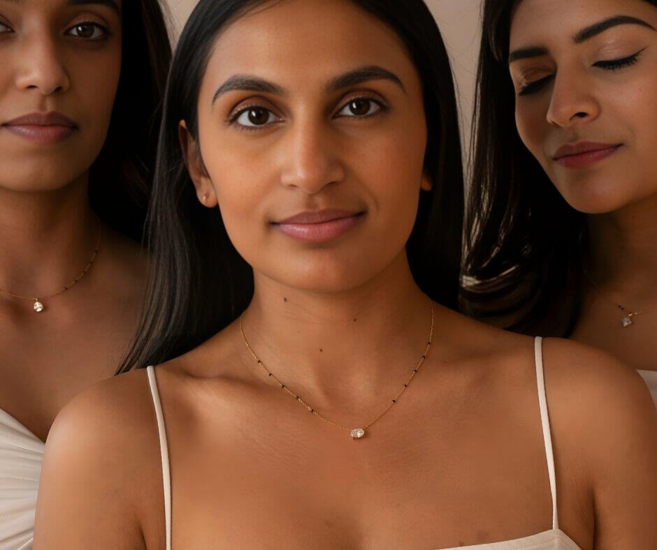 Shreya Sanghvi and two others showcasing Modern Mangal necklaces, providing a client testimonial.