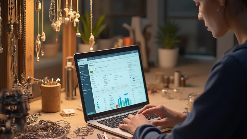 Jewelry business owner working on a laptop with Shopify dashboard open, surrounded by tools and jewelry pieces, representing the integration of e-commerce in jewelry operations.