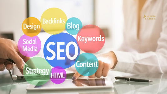 Image illustrating various components of an SEO strategy including design, social media, backlinks, keywords, content, and more, with a focus on digital marketing for Jewelers League.