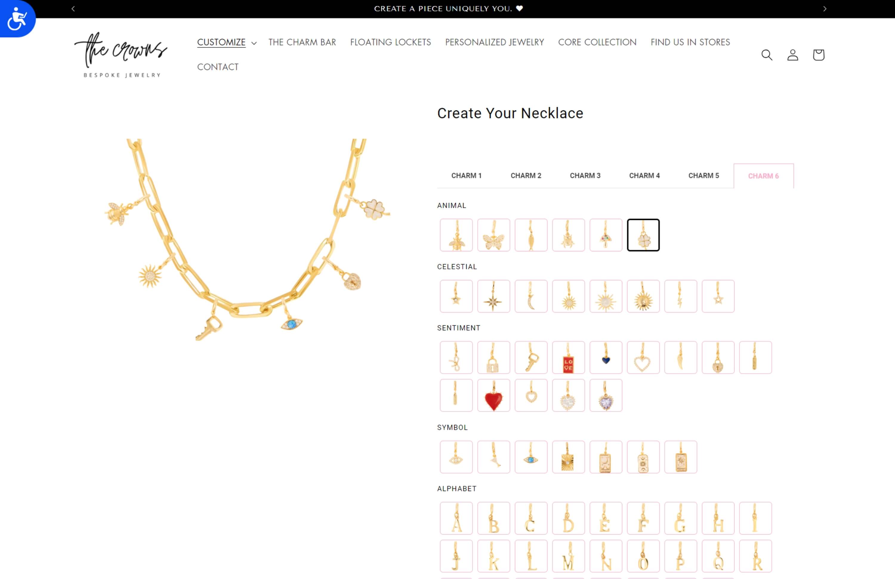 Custom jewelry necklace design interface with charm selection options.