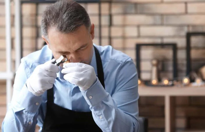 Jewelry expert inspecting a ring with a magnifier, highlighting precision and attention to detail in a professional studio setting.
