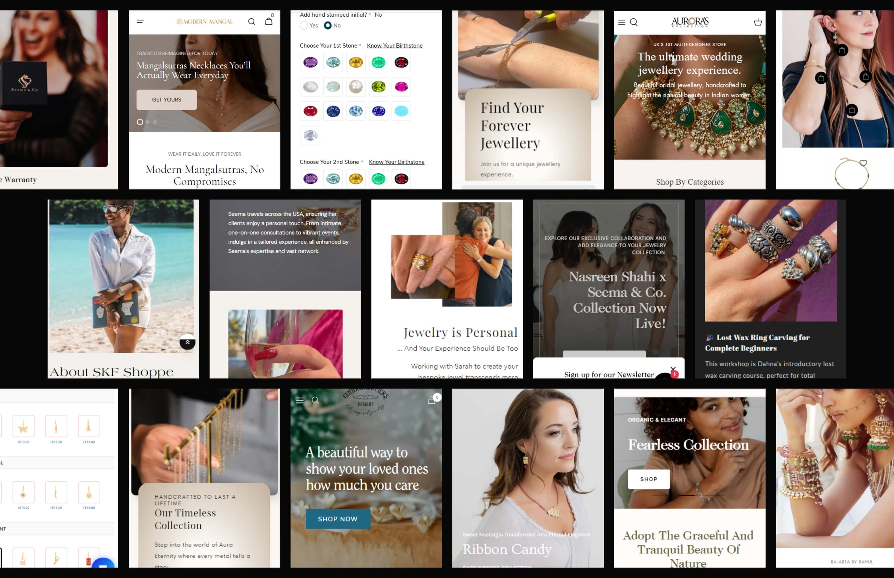 Collage of jewelry website design screenshots from our portfolio, showcasing a range of custom e-commerce solutions.