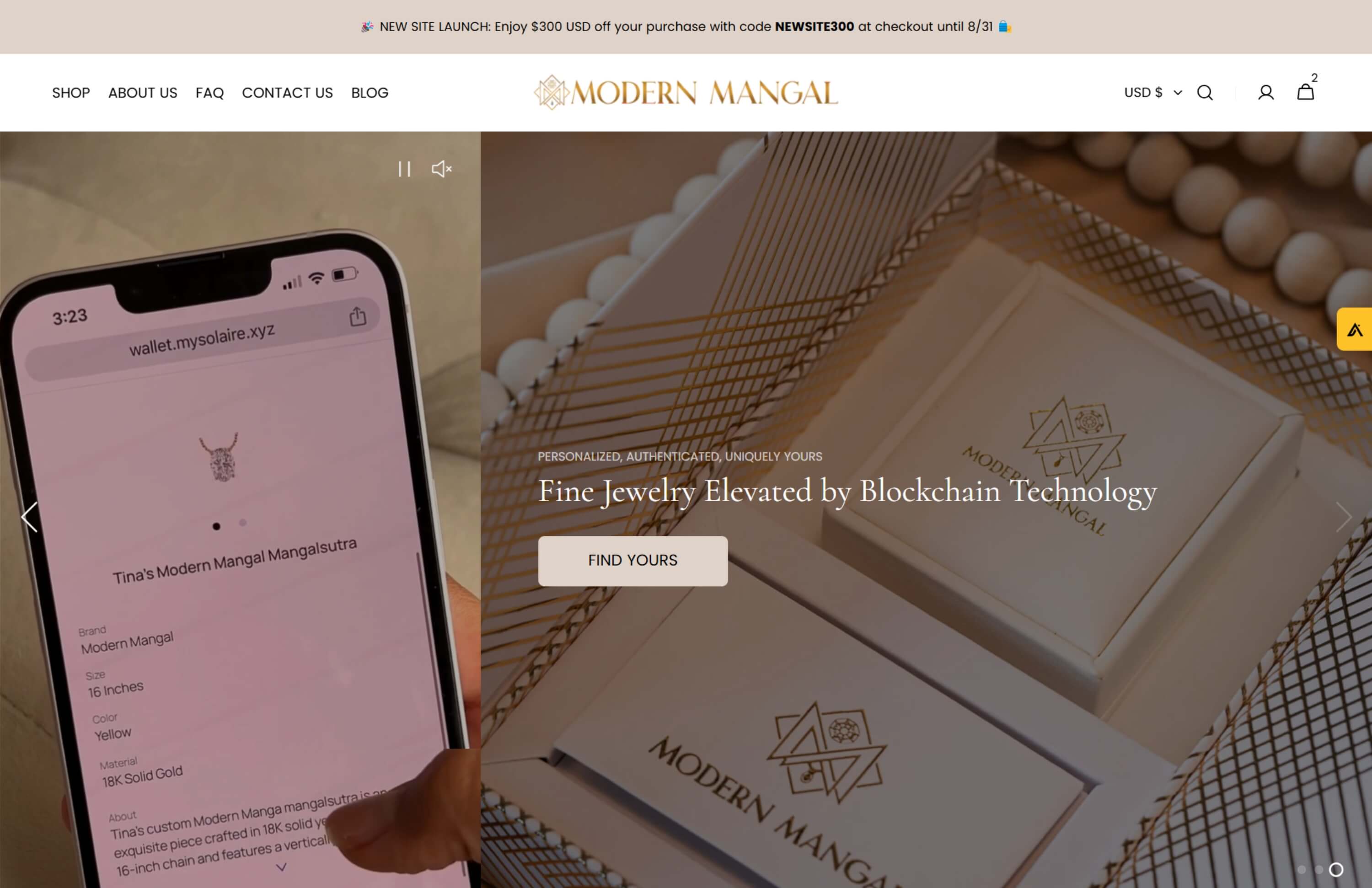 Modern Mangal jewelry website showcasing blockchain-integrated product details and luxury packaging.