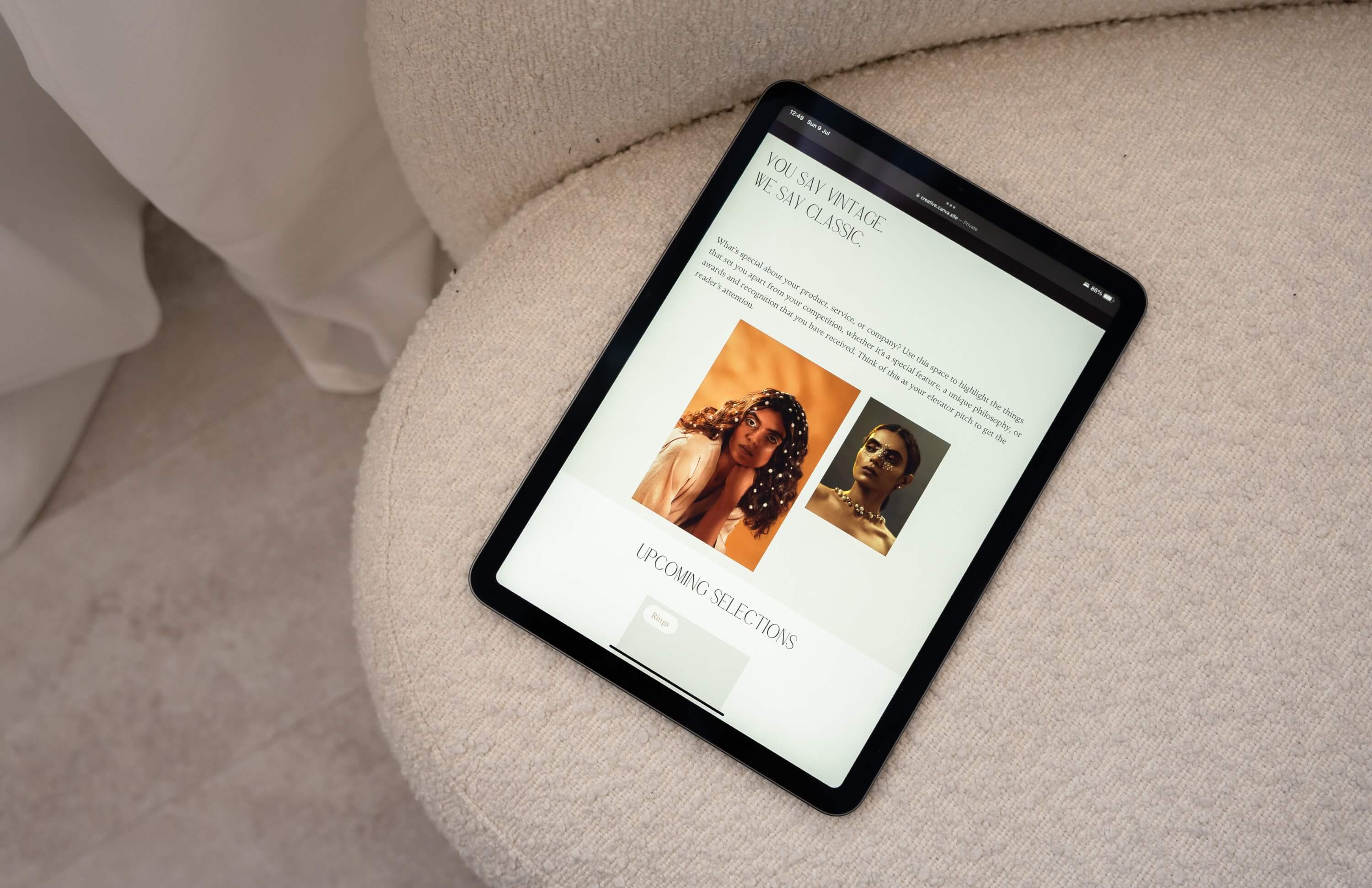 Jewelry portfolio website displayed on a tablet, showing upcoming selections.